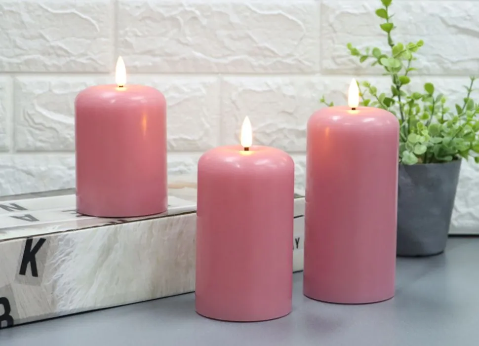 Abgerundete Led-Kerzen Aus Echtwachs 3Er-Set Rosa