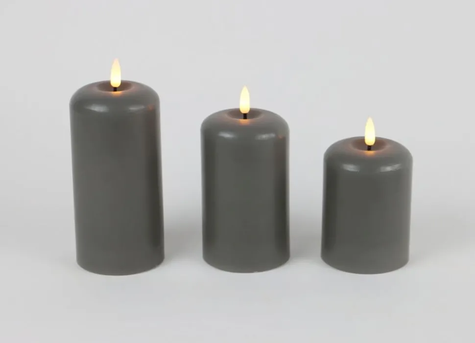 Abgerundete Led-Kerzen Aus Echtwachs 3Er-Set Grau