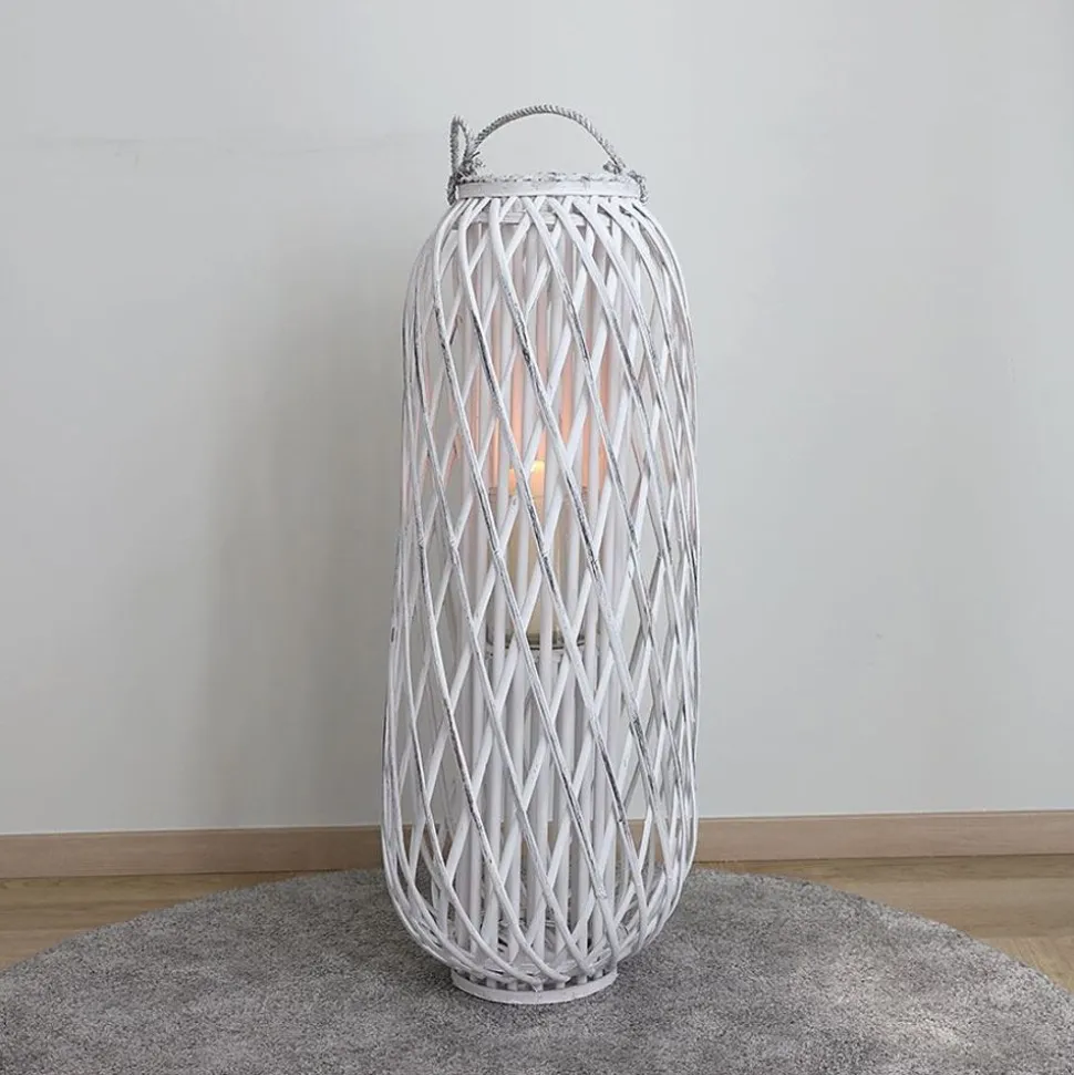 Bambuslaterne Mit Glaswindlicht 34X90Cm White-Washed