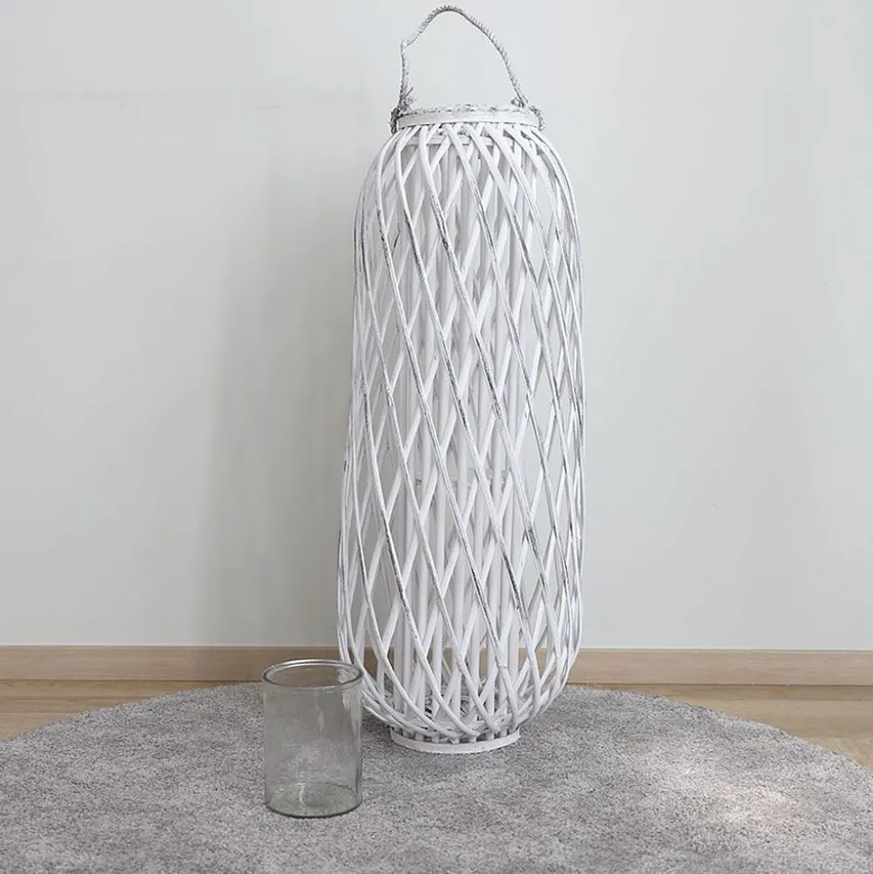 Bambuslaterne Mit Glaswindlicht 34X90Cm White-Washed