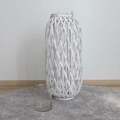 Bambuslaterne Mit Glaswindlicht 31X70Cm White-Washed