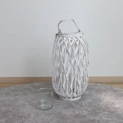 Bambuslaterne Mit Glaswindlicht 28X50Cm White-Washed