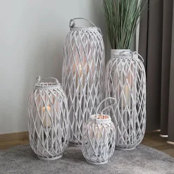 Bambuslaterne Mit Glaswindlicht 28X50Cm White-Washed