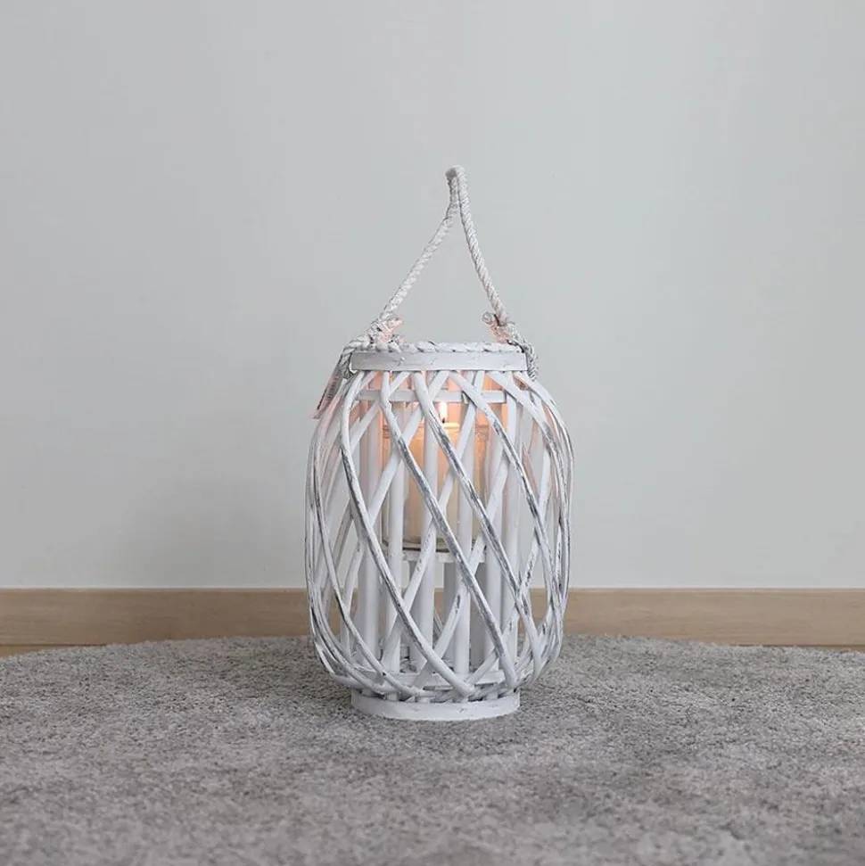 Bambuslaterne Mit Glaswindlicht 23X30Cm White-Washed