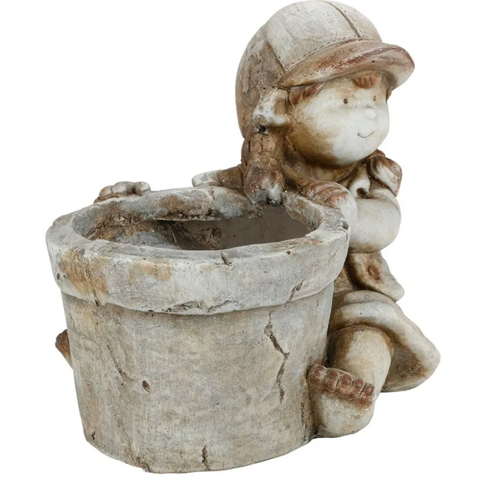 Dekofigur Kind Mit Blumentopf 30X26Cm Grau