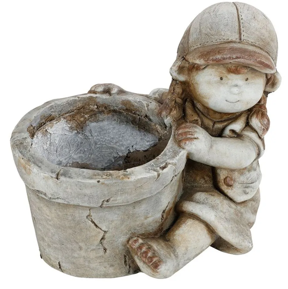 Dekofigur Kind Mit Blumentopf 30X26Cm Grau