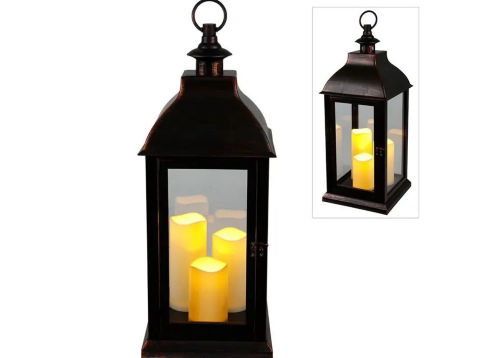 Deko-Laterne Mit 3 Led-Kerzen Und Timerfunktion Schwarz/Kupfer
