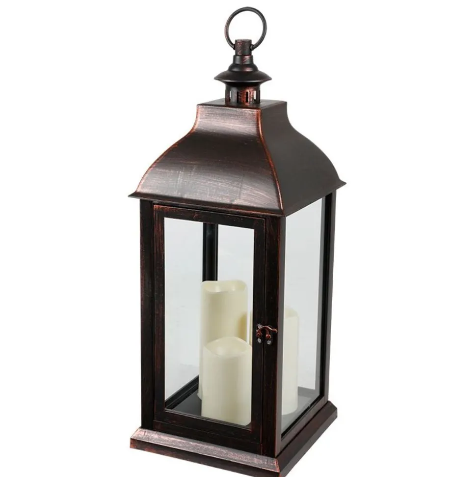 Deko-Laterne Mit 3 Led-Kerzen Und Timerfunktion Schwarz/Kupfer