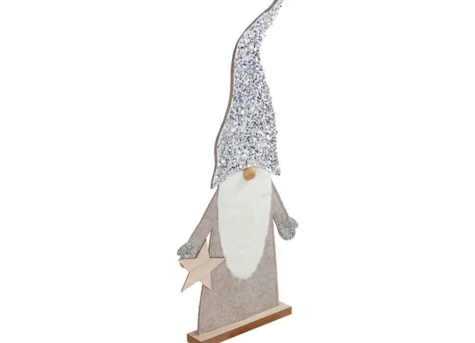 Deko-Wichtel Aus Holz Mit Pailletten-Zipfelmutze 83Cm Hellgrau