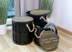 3Er-Set Sitztonnen Aus Metall Mit Holzdeckel Schwarz