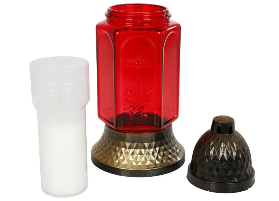 Glas-Grablicht Kreuz Mit Kerze 24Cm Rot