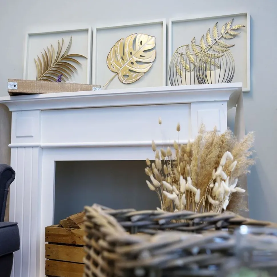 Holzrahmen Mit Metallblatt Palmwedel Weis/Gold