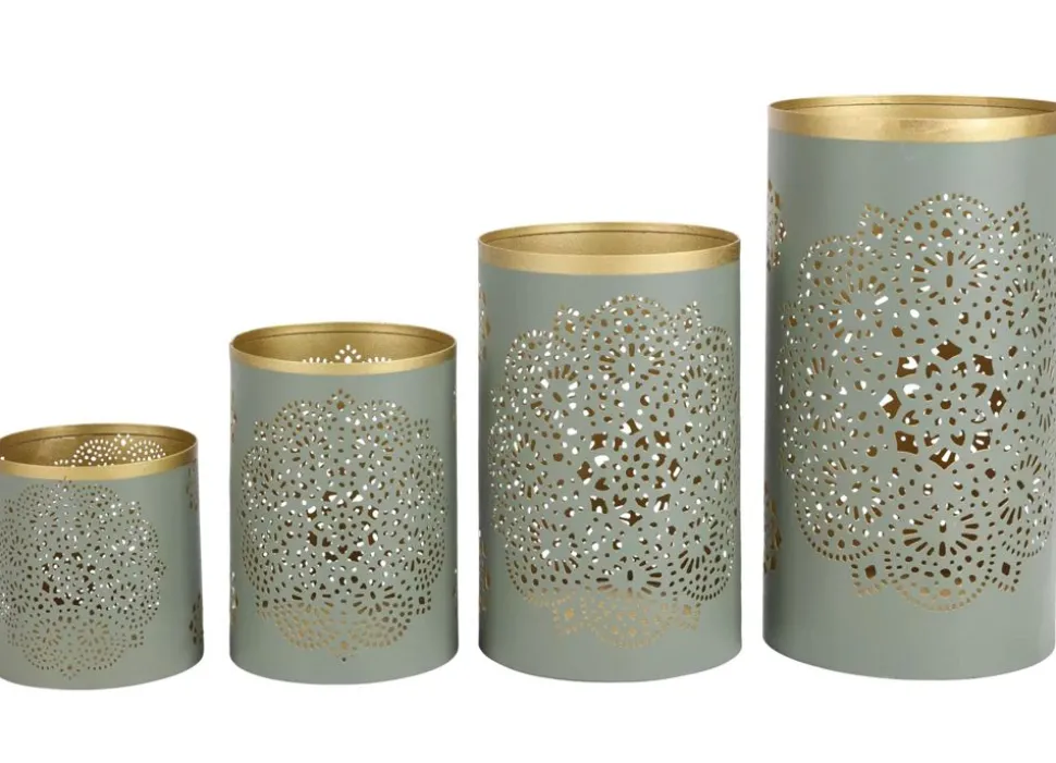 Saulen-Windlichter Aus Metall Blaugrau/Gold 4Er-Set