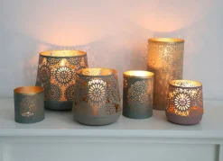 Saulen-Windlichter Aus Metall Blaugrau/Gold 4Er-Set